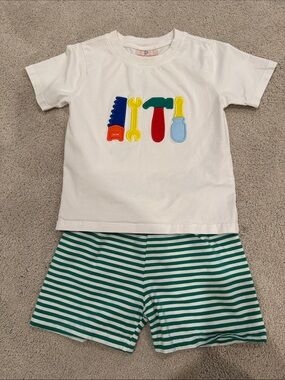 White Tool Appliqué Kids Matching Set with Green Striped Shorts